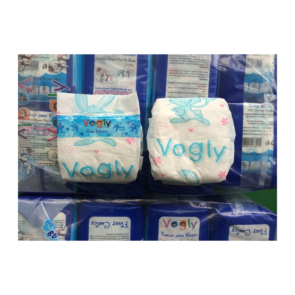 China Factory Stock Vogly Brand Disposable Baby Diapers / Babies Nappies with PE Backsheet & PP Tape