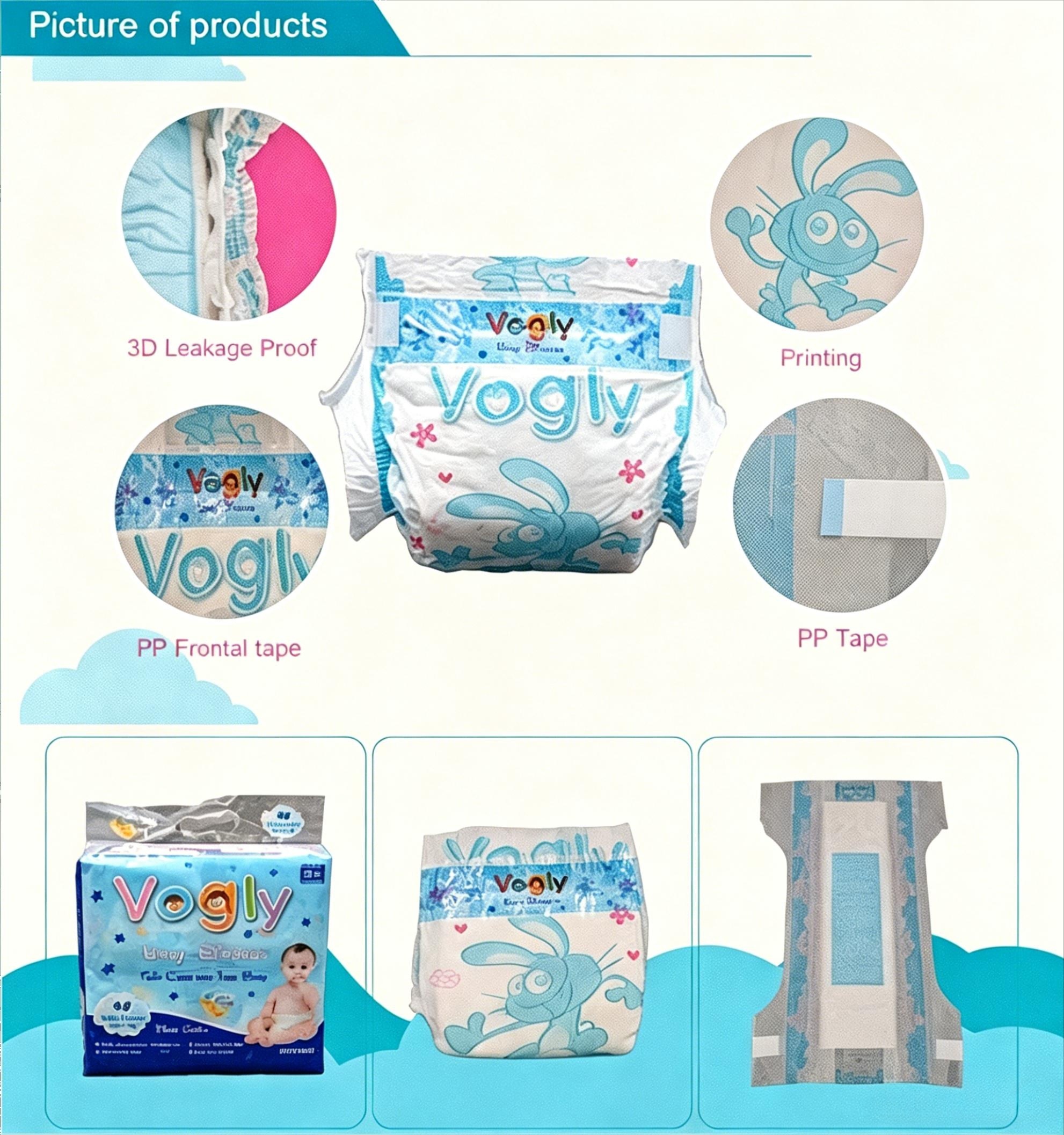 China Factory Stock Vogly Brand Disposable Baby Diapers / Babies Nappies with PE Backsheet & PP Tape